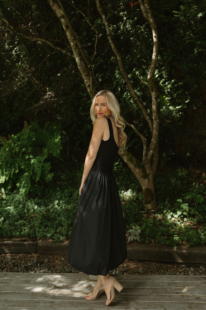 Mixed Material Bubble Hem Dress - Black