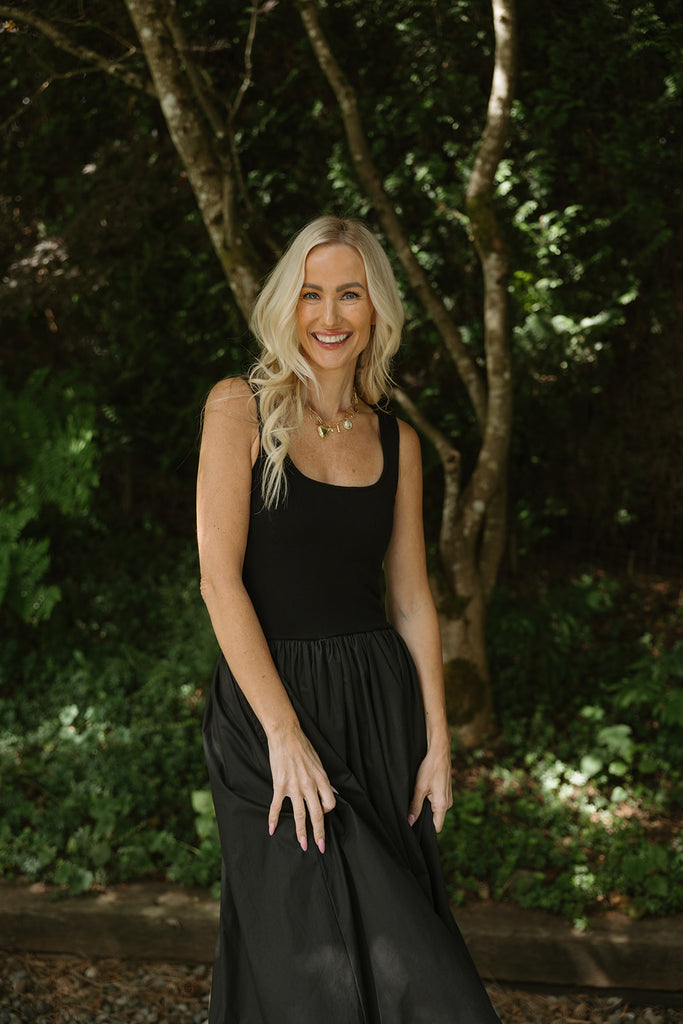 Mixed Material Bubble Hem Dress - Black