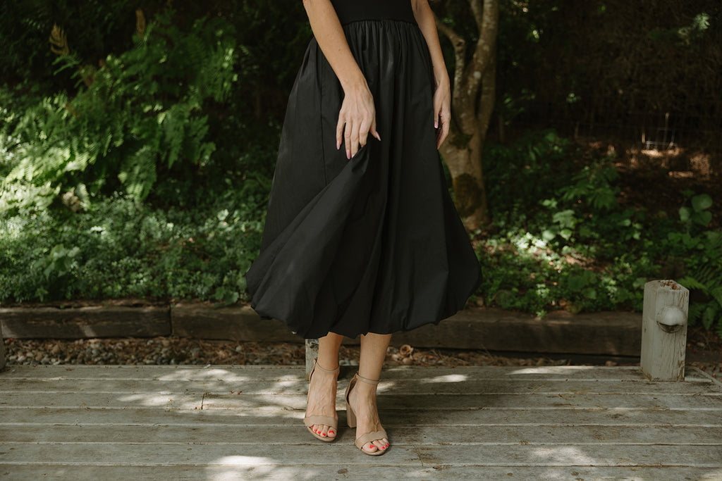 Mixed Material Bubble Hem Dress - Black