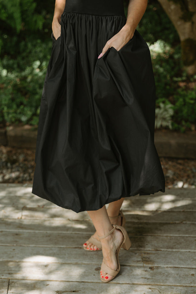 Mixed Material Bubble Hem Dress - Black