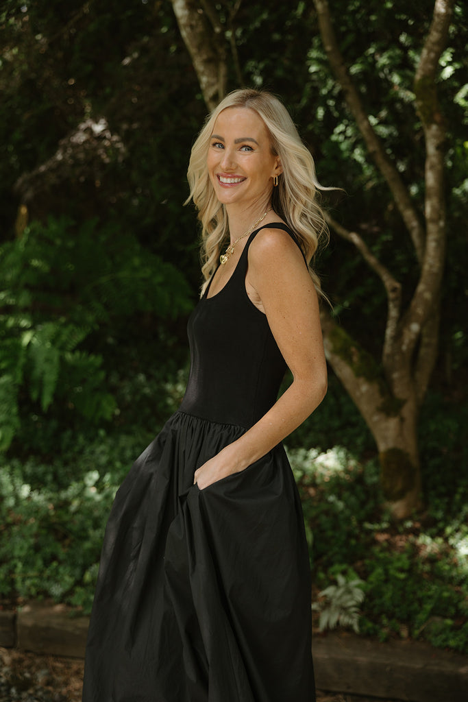 Mixed Material Bubble Hem Dress - Black