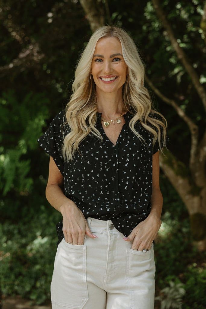 Cap Sleeve Blouse with White Florals - Black