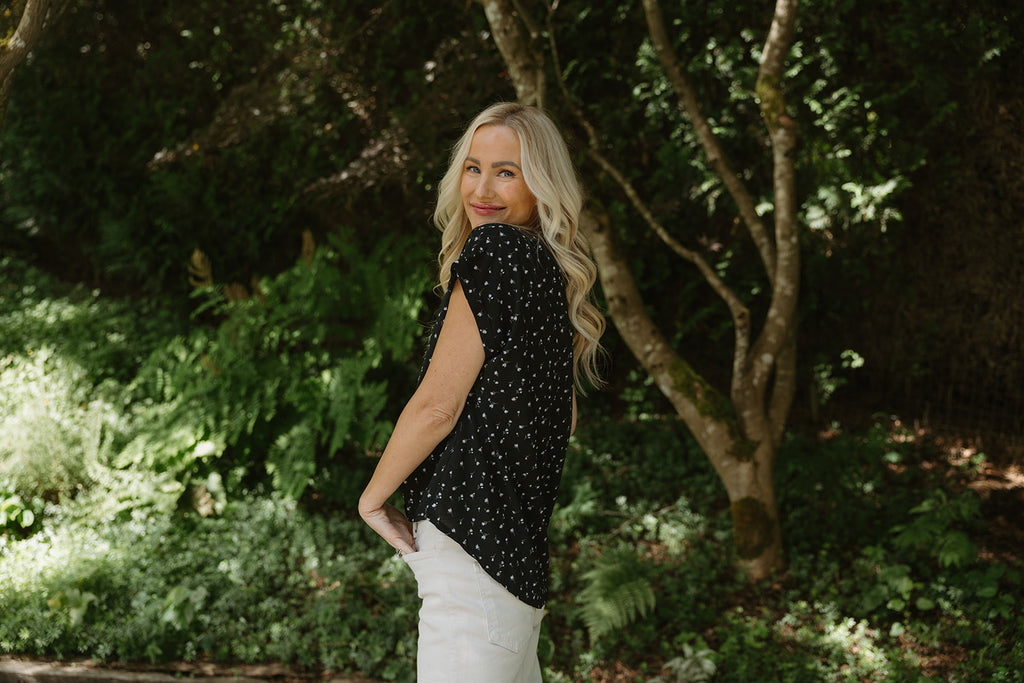 Cap Sleeve Blouse with White Florals - Black