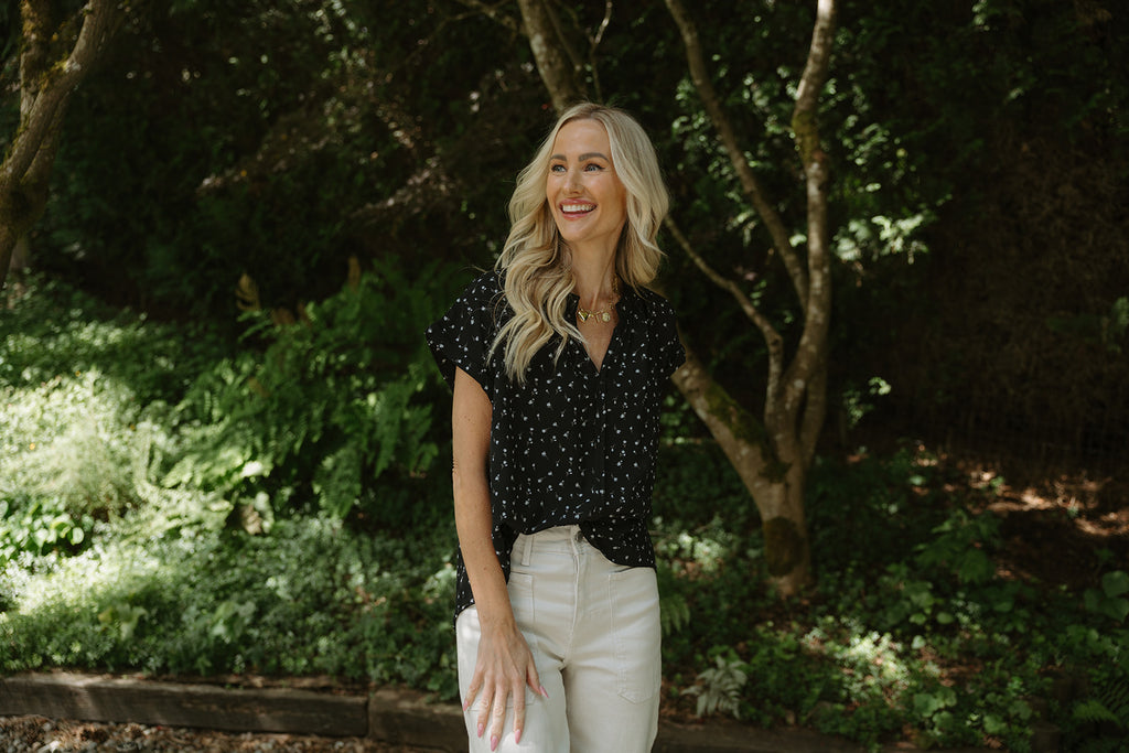 Cap Sleeve Blouse with White Florals - Black