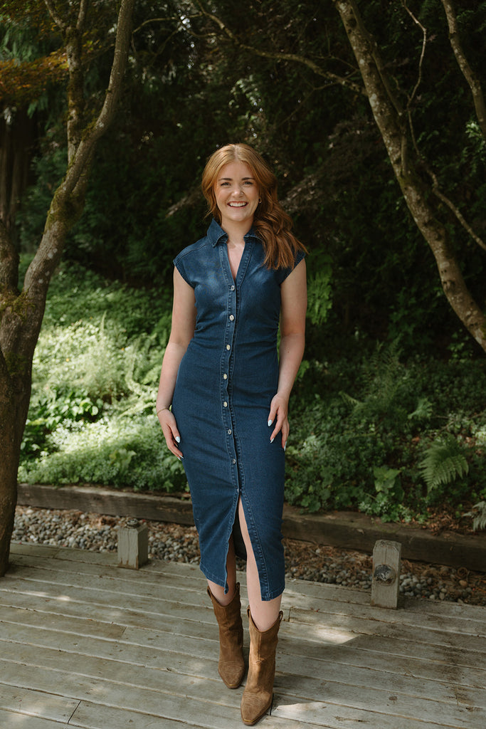 Midi Denim Shirring Dress - Dark Denim