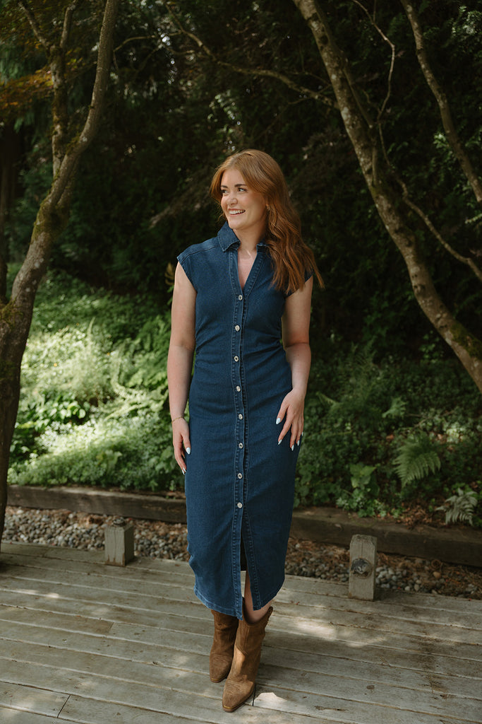 Midi Denim Shirring Dress - Dark Denim