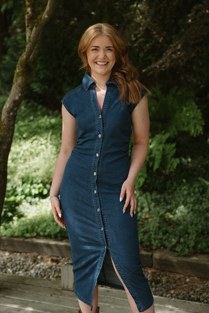 Midi Denim Shirring Dress - Dark Denim