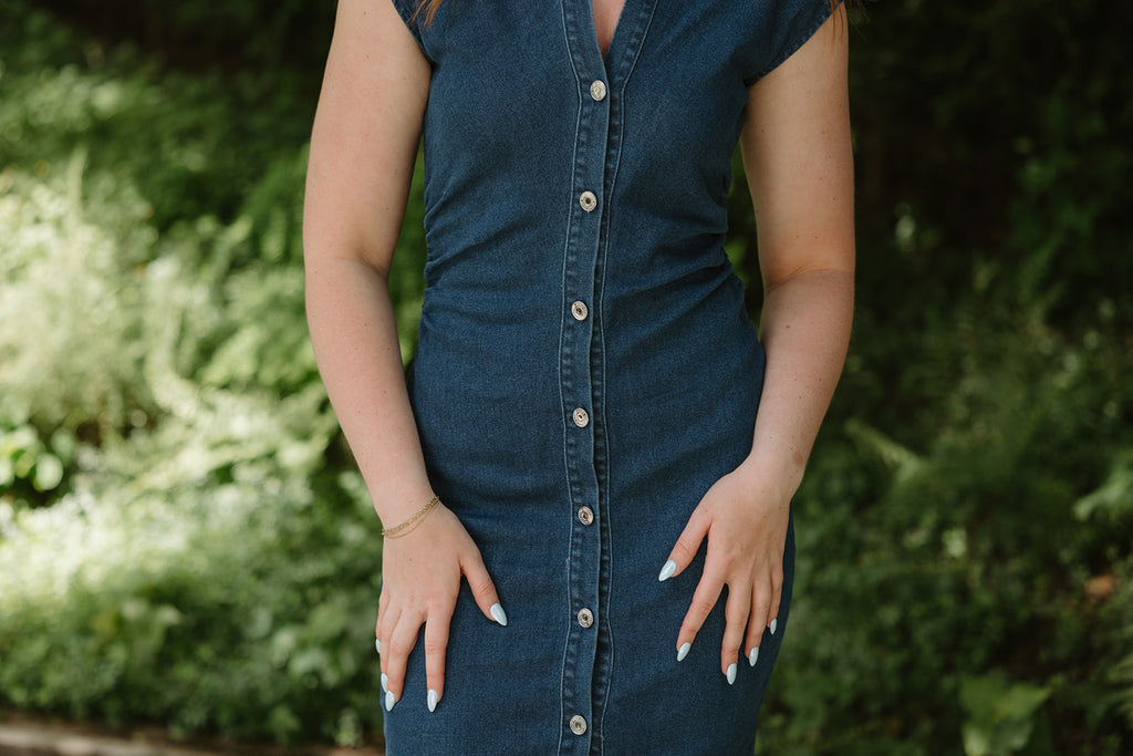 Midi Denim Shirring Dress - Dark Denim