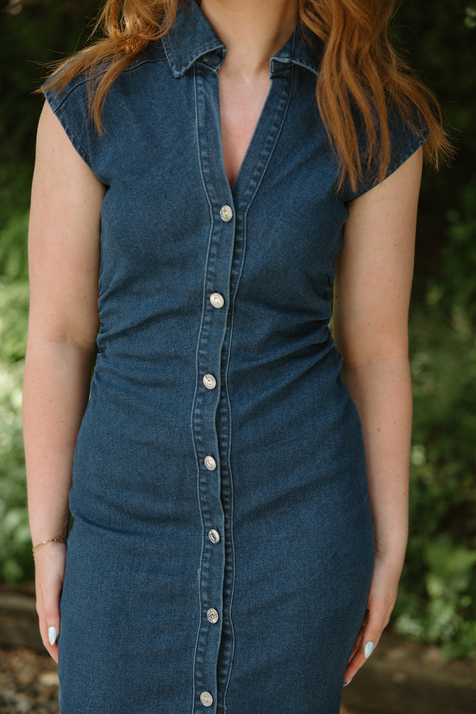 Midi Denim Shirring Dress - Dark Denim