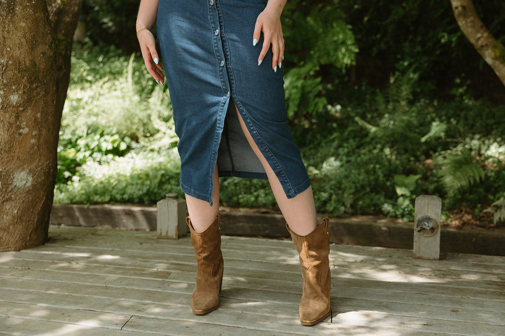 Midi Denim Shirring Dress - Dark Denim