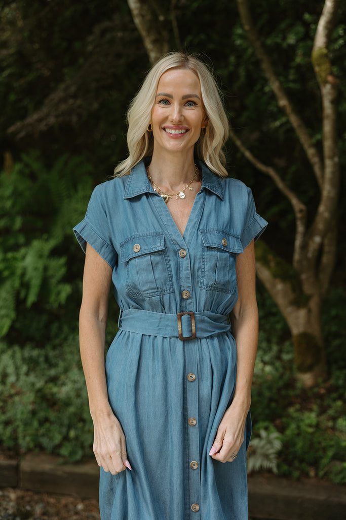 Collared Button Down Belted Midi Dress