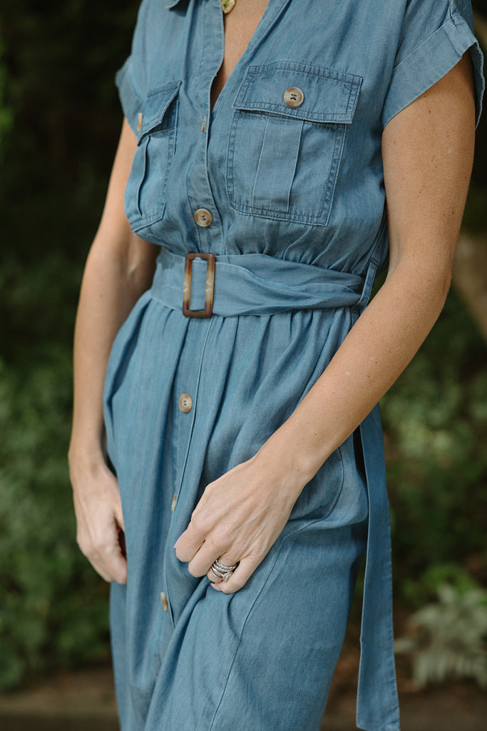 Collared Button Down Belted Midi Dress