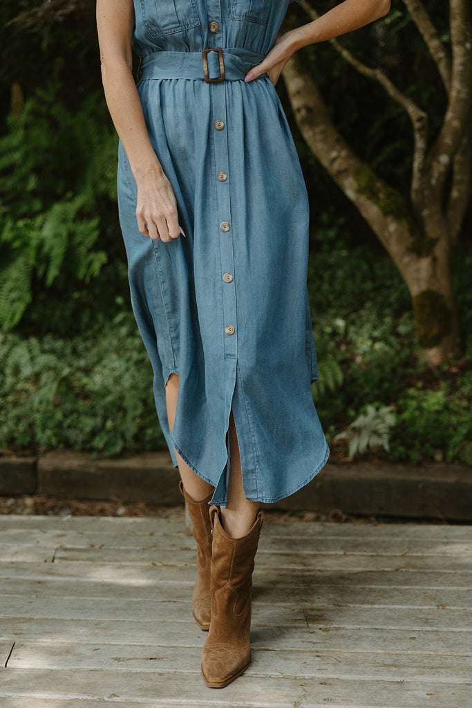 Collared Button Down Belted Midi Dress