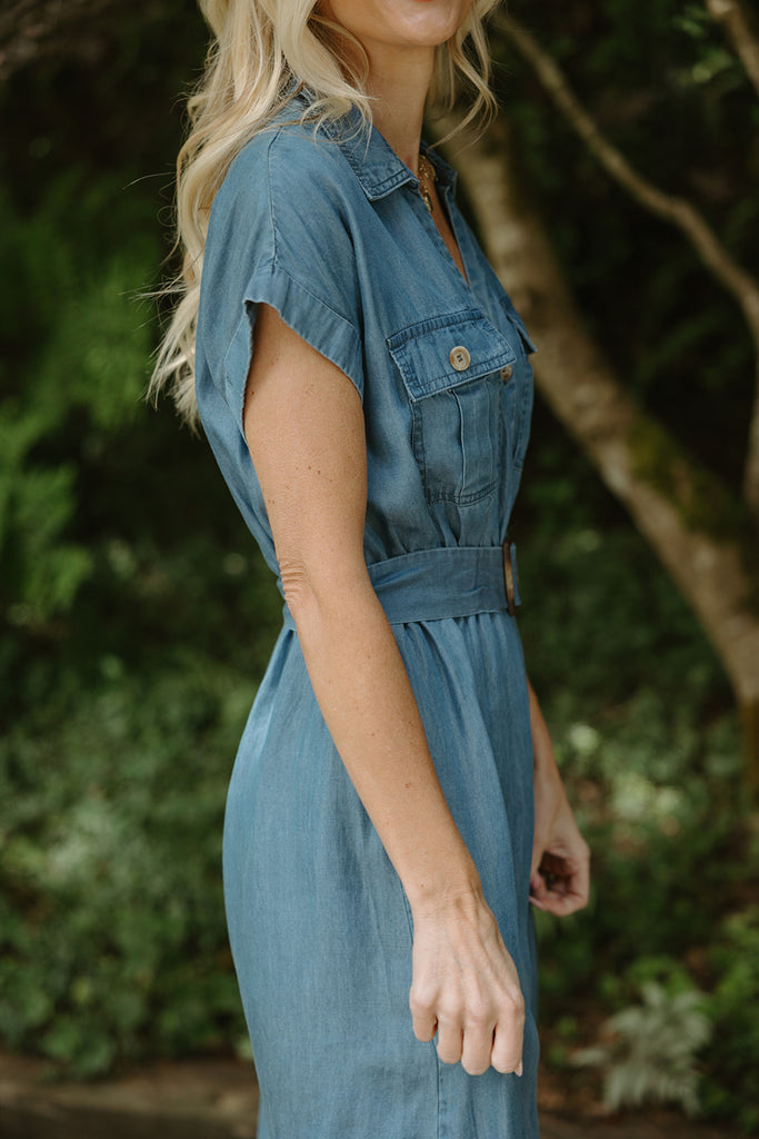 Collared Button Down Belted Midi Dress