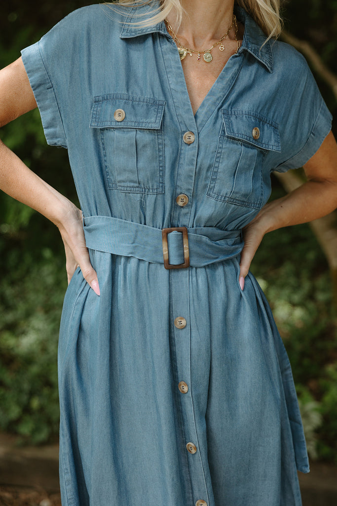 Collared Button Down Belted Midi Dress