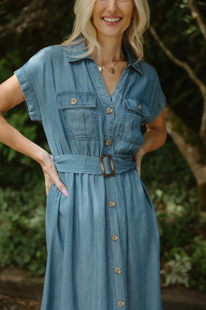Collared Button Down Belted Midi Dress