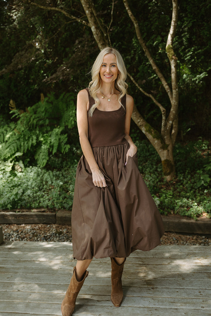 Mixed Material Bubble Hem Dress - Brown