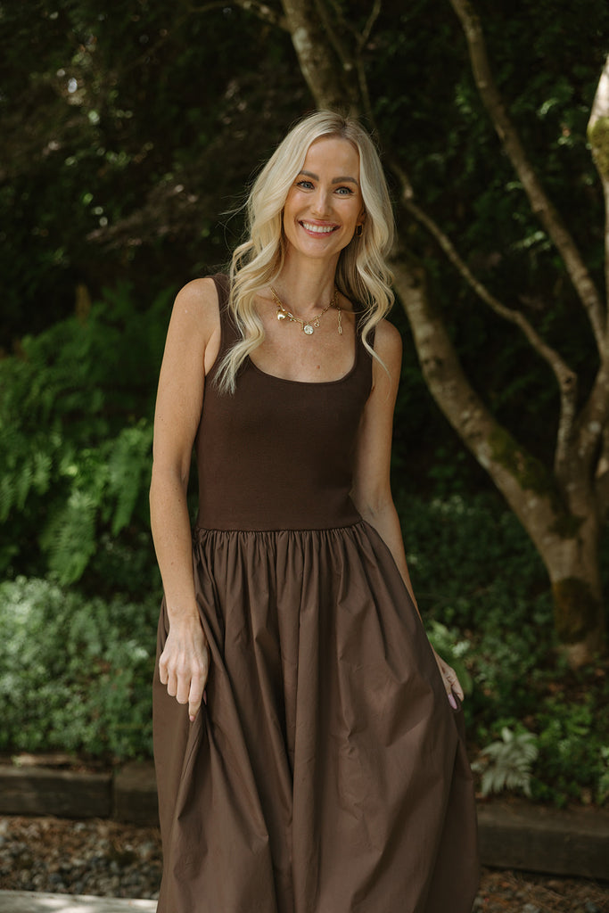 Mixed Material Bubble Hem Dress - Brown