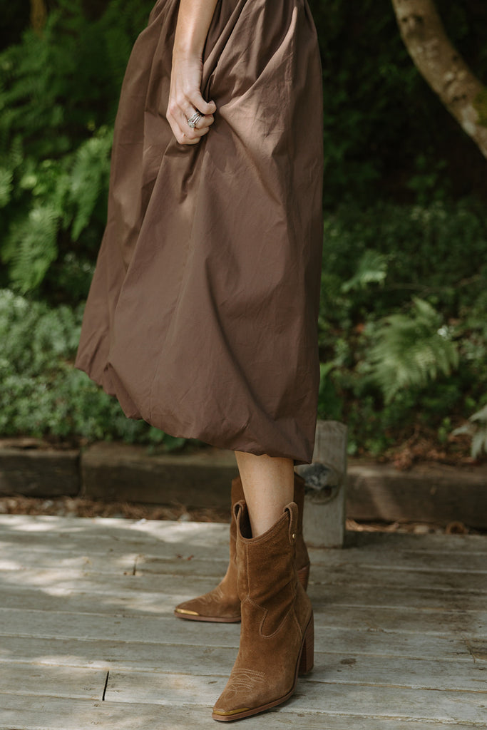 Mixed Material Bubble Hem Dress - Brown