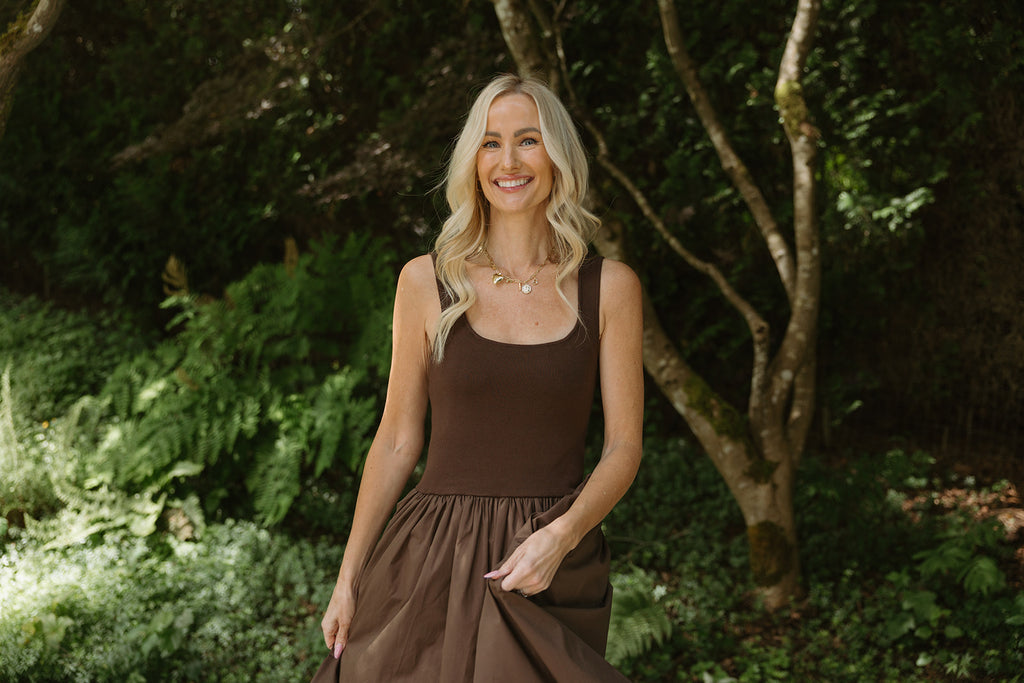 Mixed Material Bubble Hem Dress - Brown