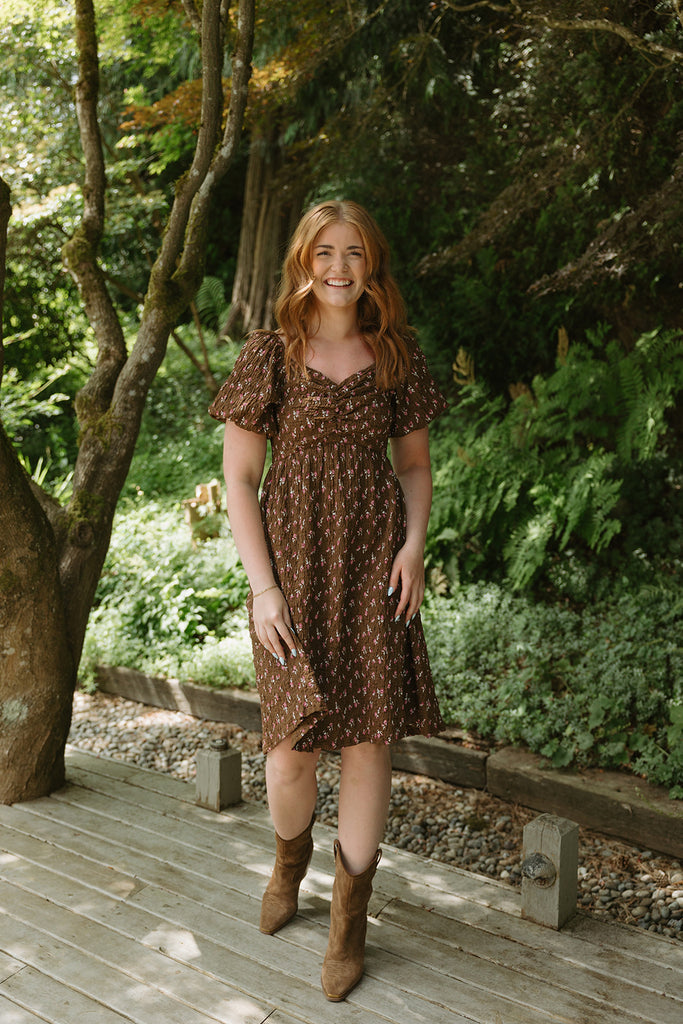 Printed Textured Dress - Brown/Pink