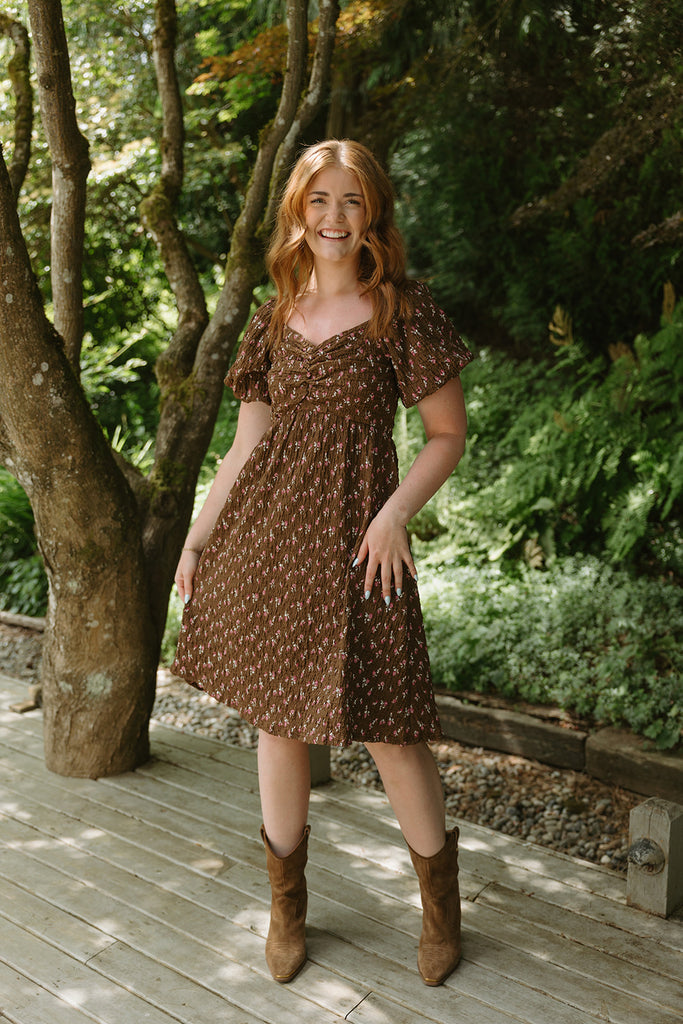 Printed Textured Dress - Brown/Pink