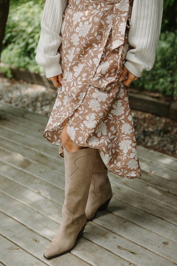 Printed Faux Wrap Midi Dress - Mocha