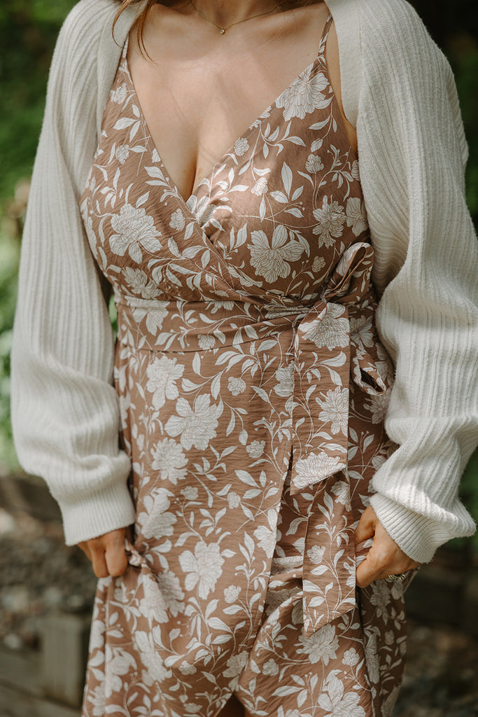 Printed Faux Wrap Midi Dress - Mocha