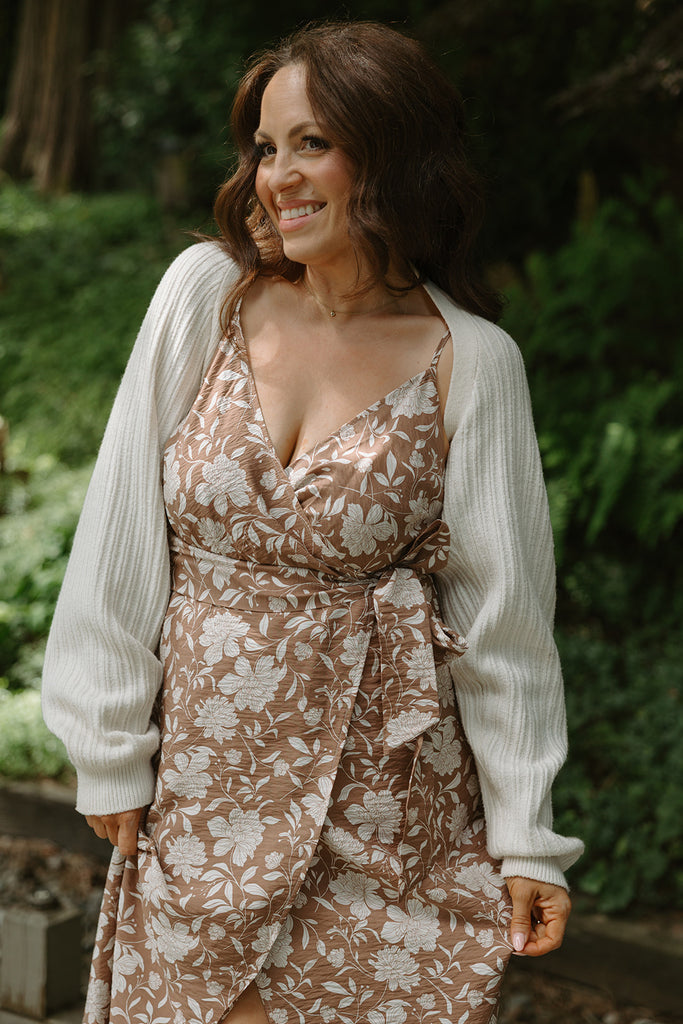 Printed Faux Wrap Midi Dress - Mocha