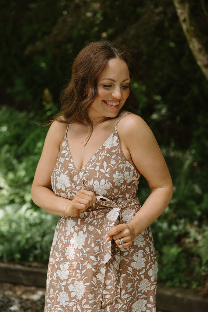 Printed Faux Wrap Midi Dress - Mocha