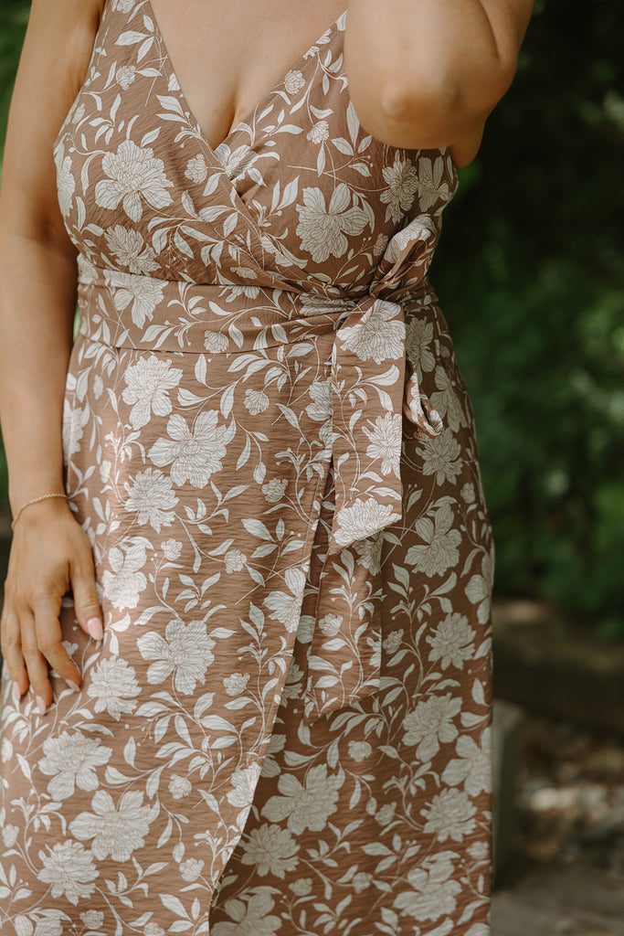 Printed Faux Wrap Midi Dress - Mocha