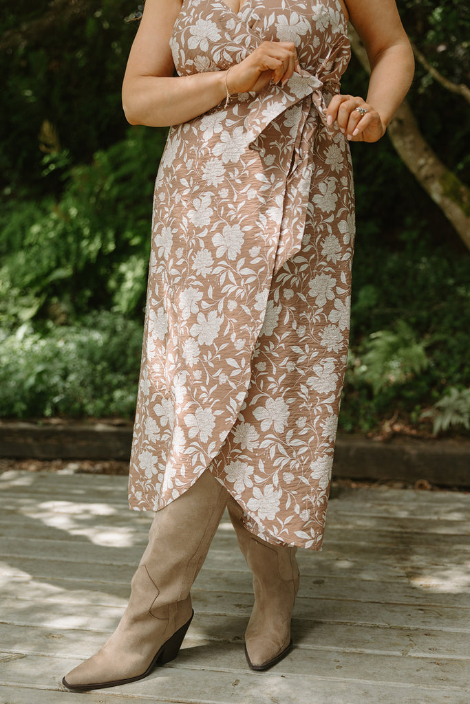 Printed Faux Wrap Midi Dress - Mocha