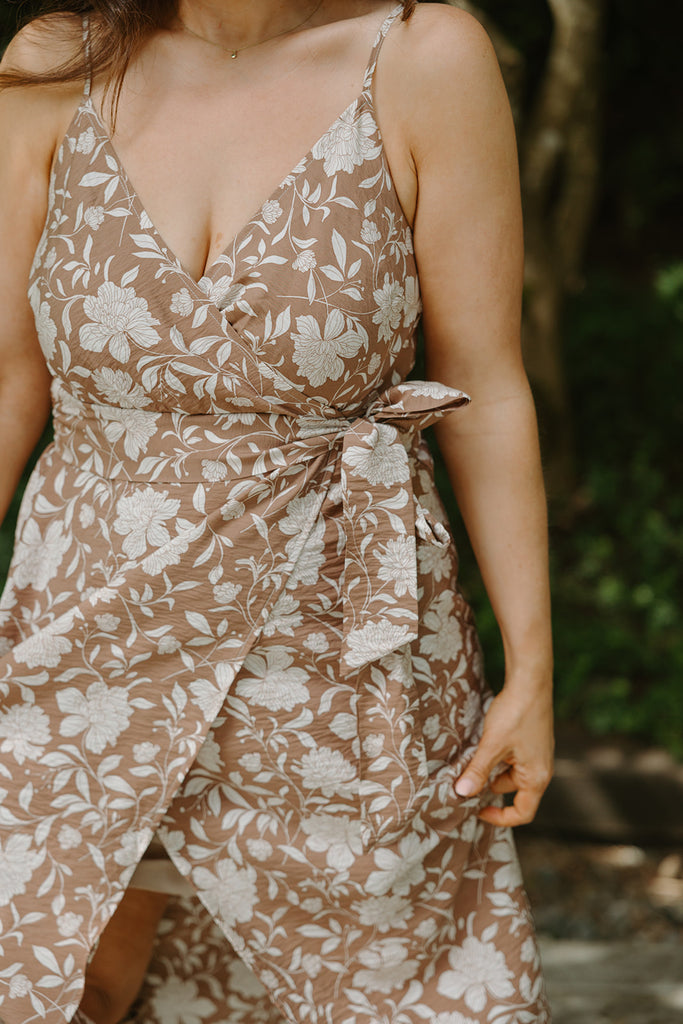 Printed Faux Wrap Midi Dress - Mocha