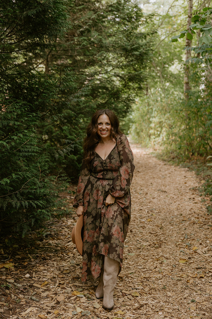 Floral Front Smocked Bust Midi Dress - Brown