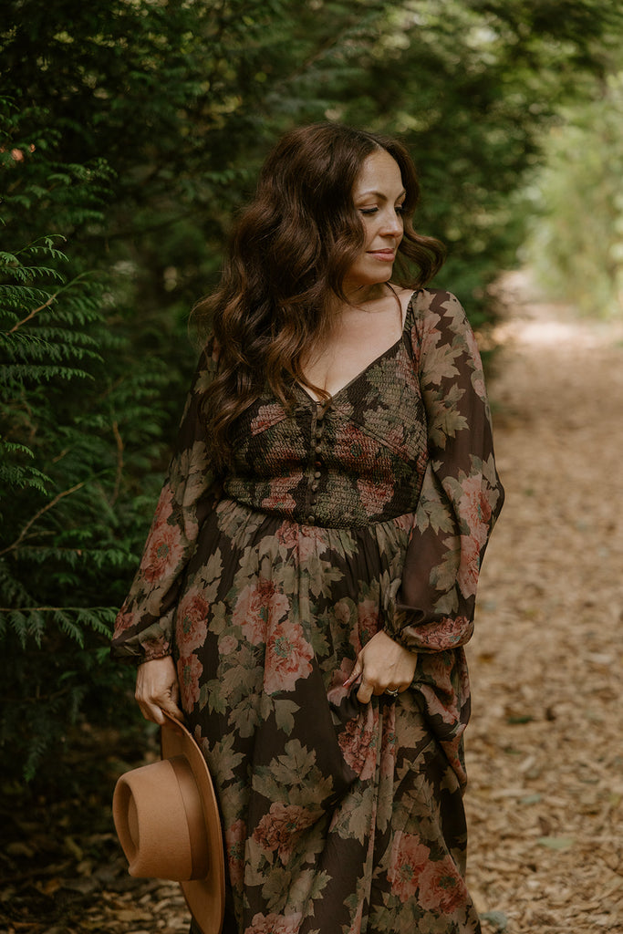 Floral Front Smocked Bust Midi Dress - Brown