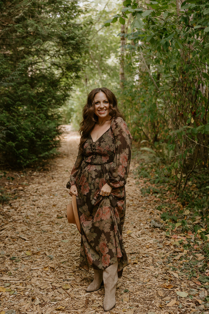 Floral Front Smocked Bust Midi Dress - Brown