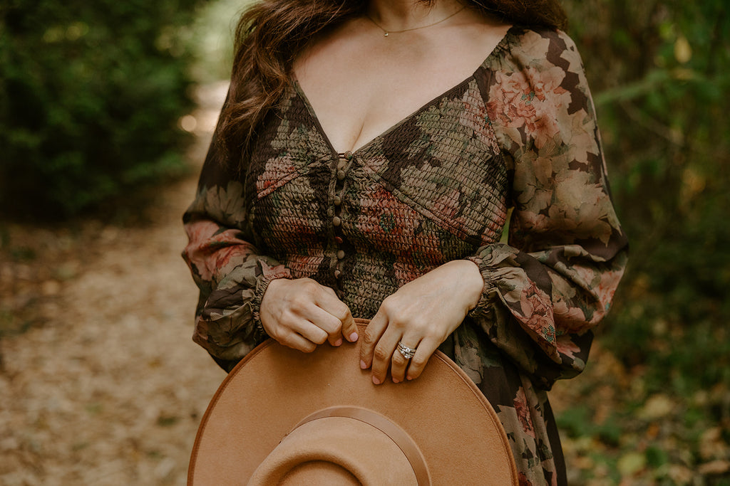 Floral Front Smocked Bust Midi Dress - Brown