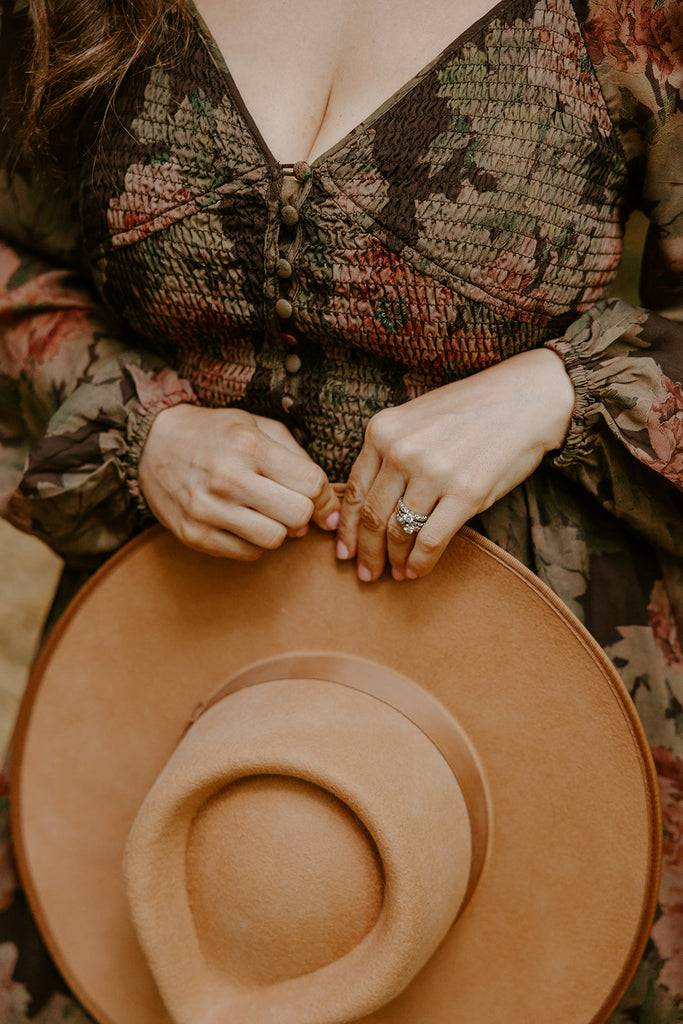 Floral Front Smocked Bust Midi Dress - Brown
