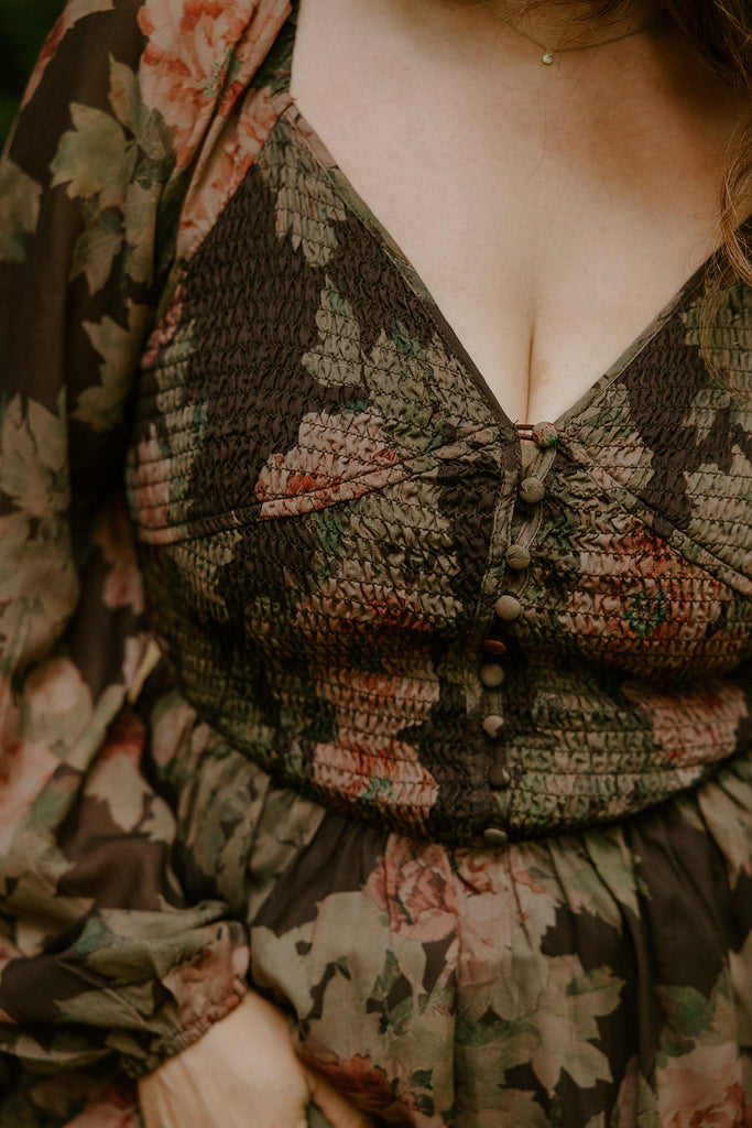 Floral Front Smocked Bust Midi Dress - Brown