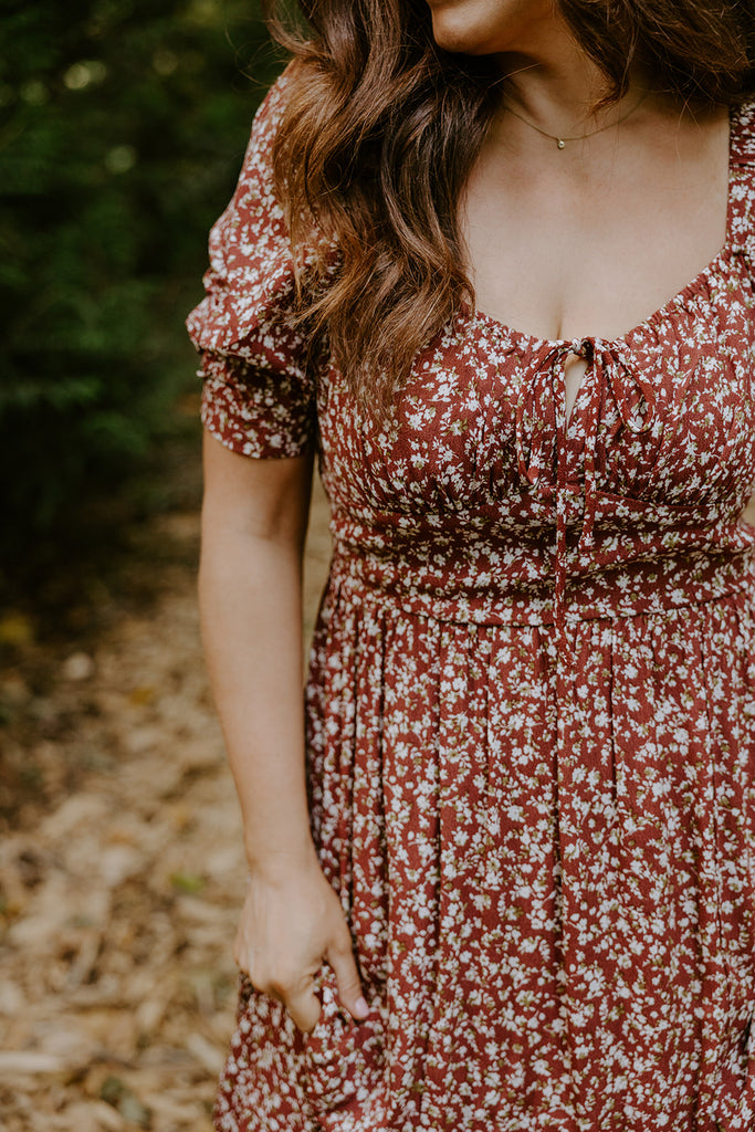 Floral Smocked Midi Dress - Brick