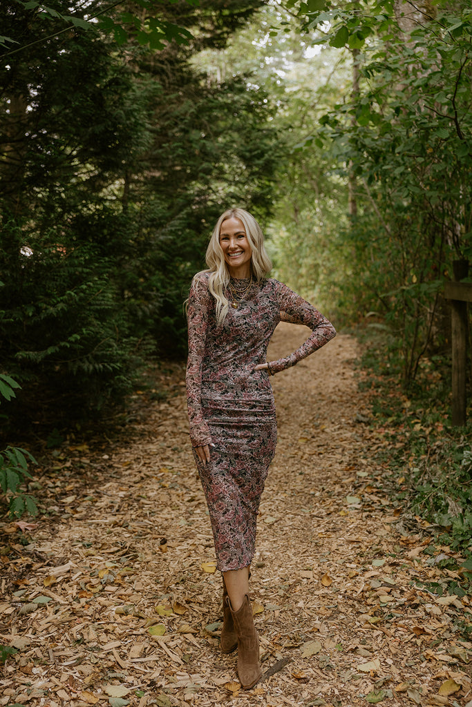 Floral Sheer Dress with Shirring - Pink