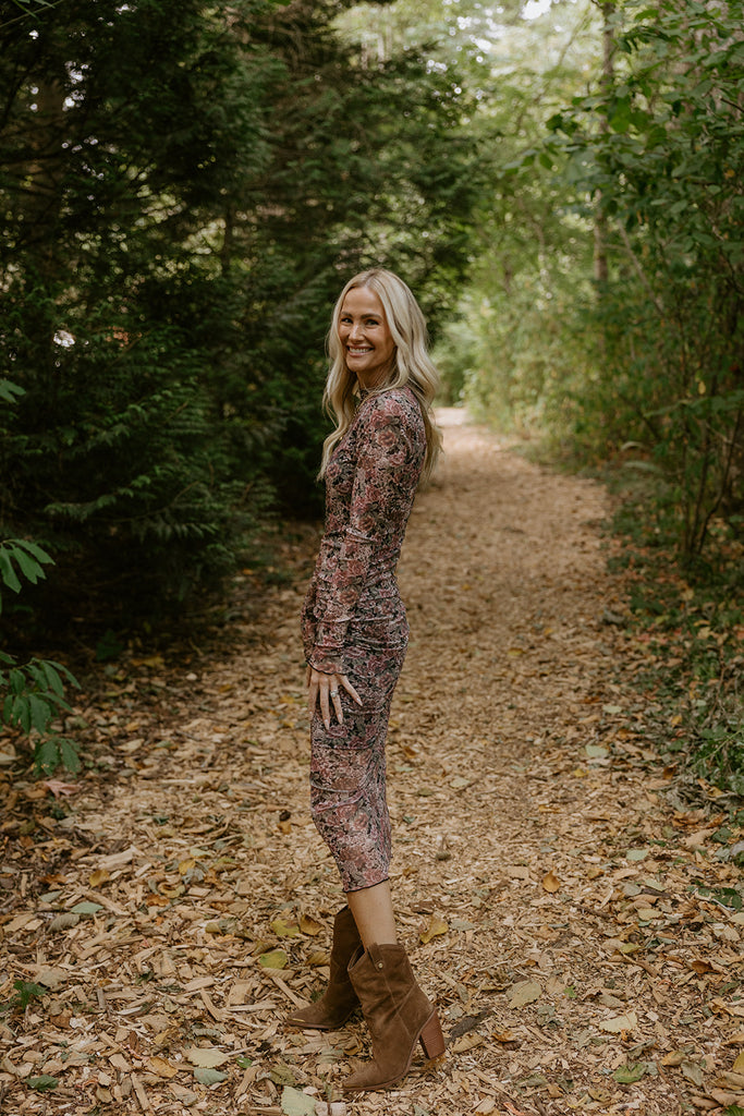 Floral Sheer Dress with Shirring - Pink