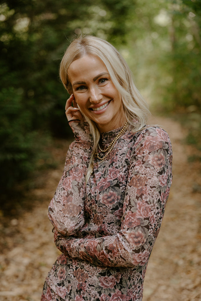 Floral Sheer Dress with Shirring - Pink