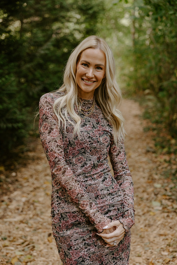 Floral Sheer Dress with Shirring - Pink