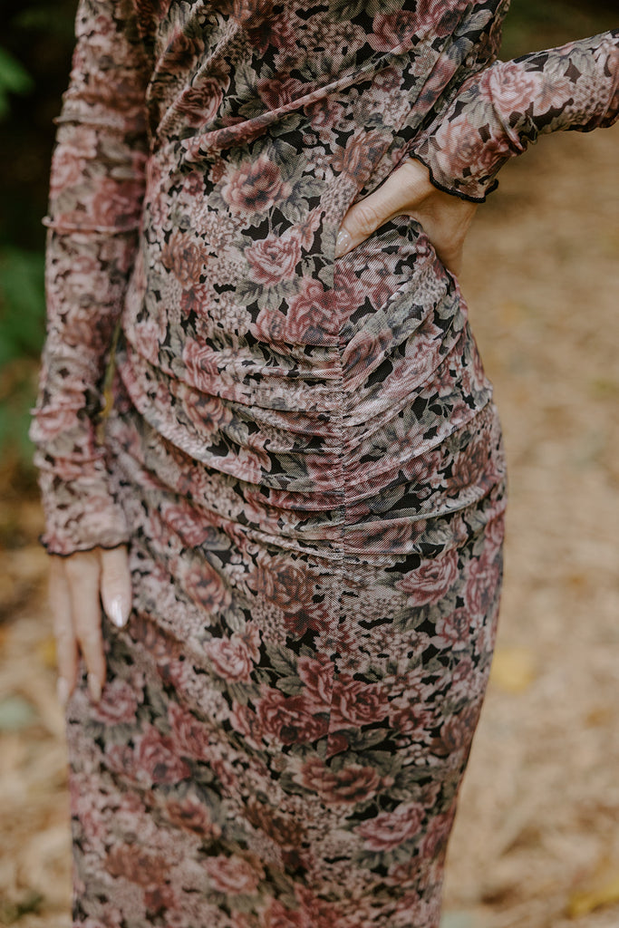 Floral Sheer Dress with Shirring - Pink