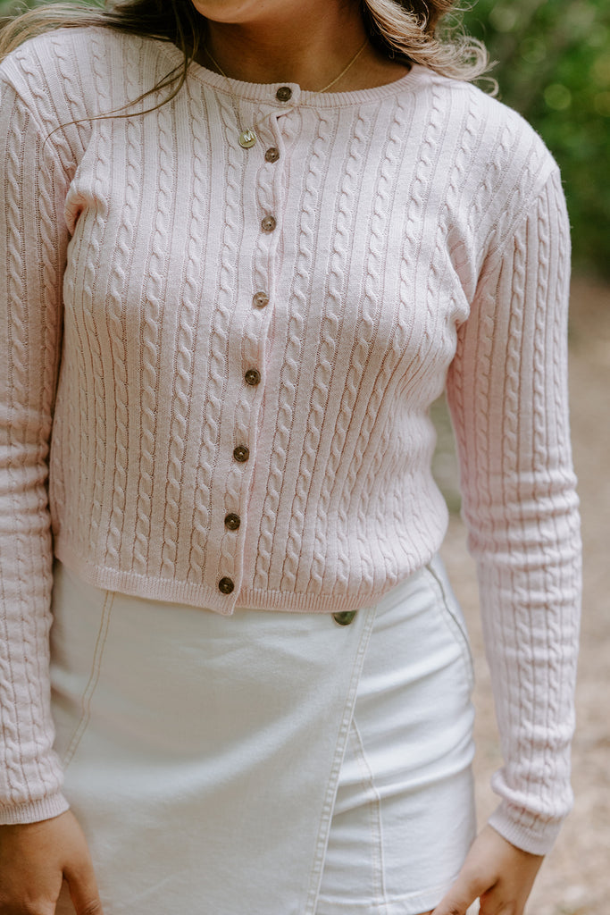 Cable Knit Lightweight Cardigan - Pink