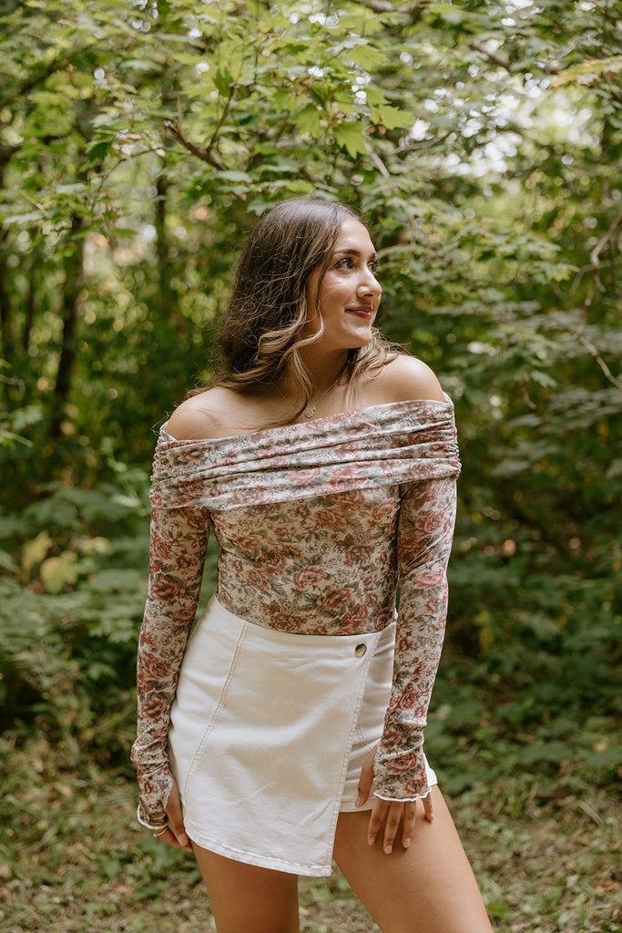 Off Shoulder Sheer Bodysuit - Cream