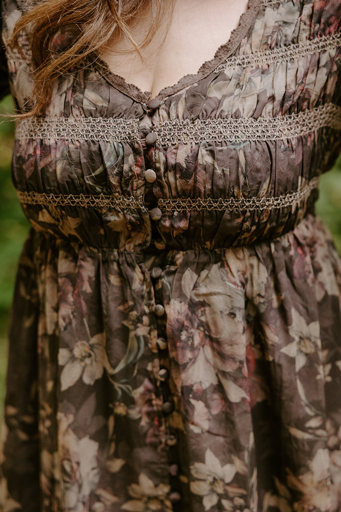 Floral Midi with Front Buttons - Chocolate