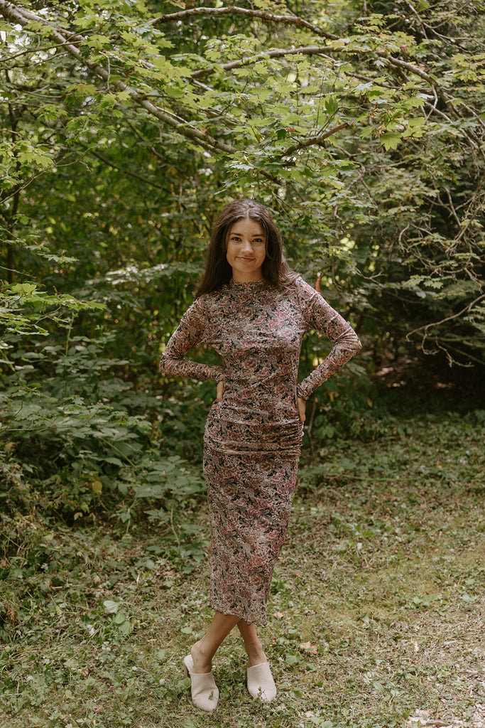 Floral Sheer Dress with Shirring - Pink