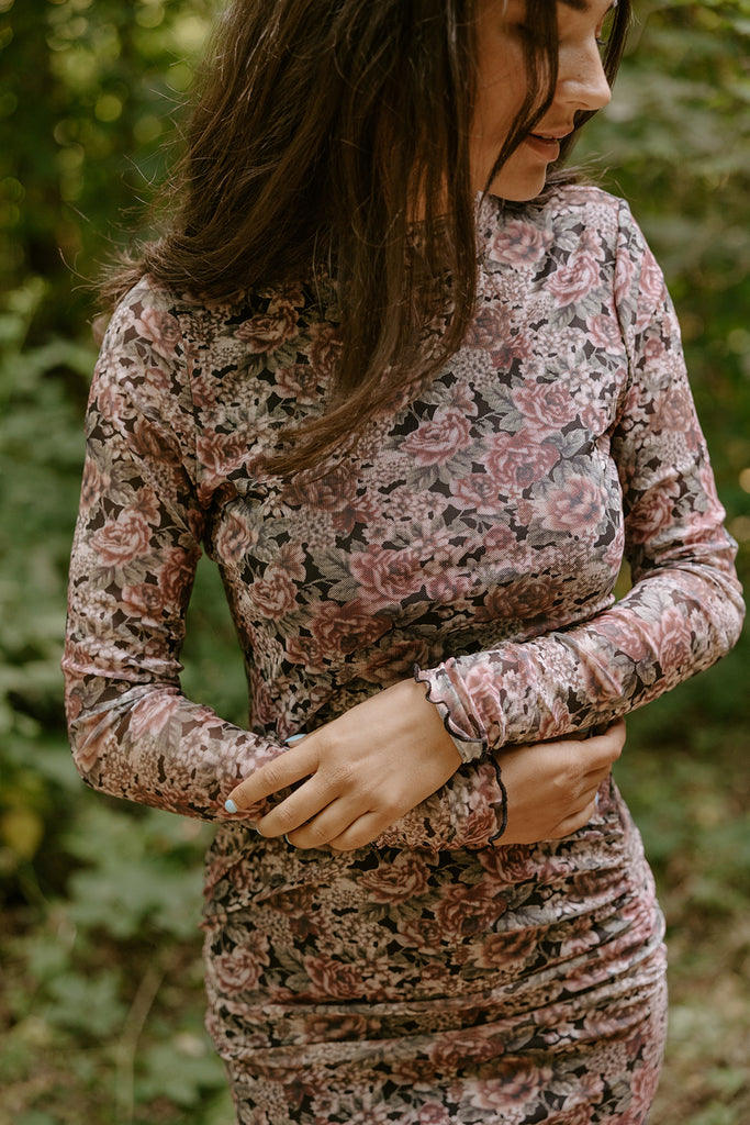 Floral Sheer Dress with Shirring - Pink